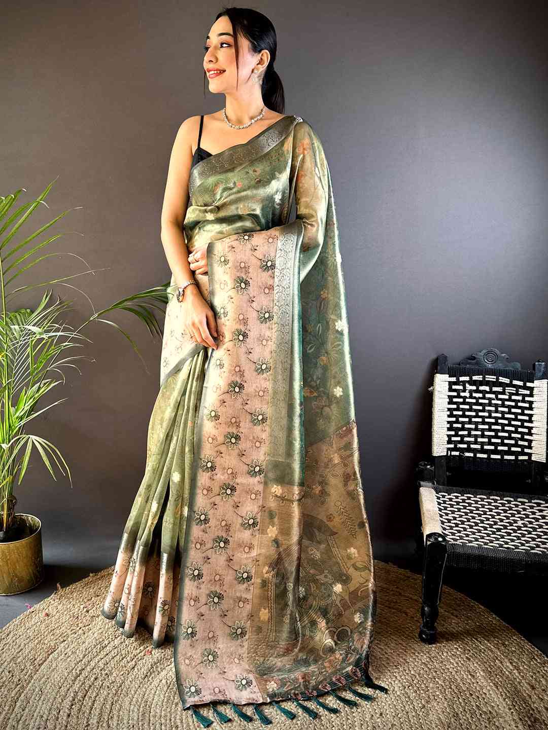 Green Floral Satin Bentex Border Saree by My Store