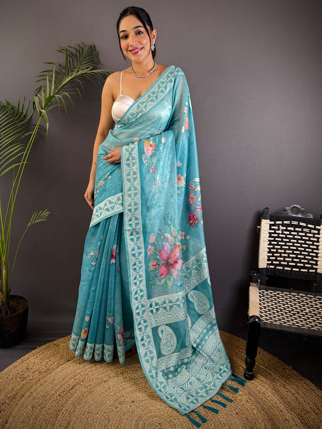 Sky Blue Lakhnavi Linen Digital Print Saree by My Store