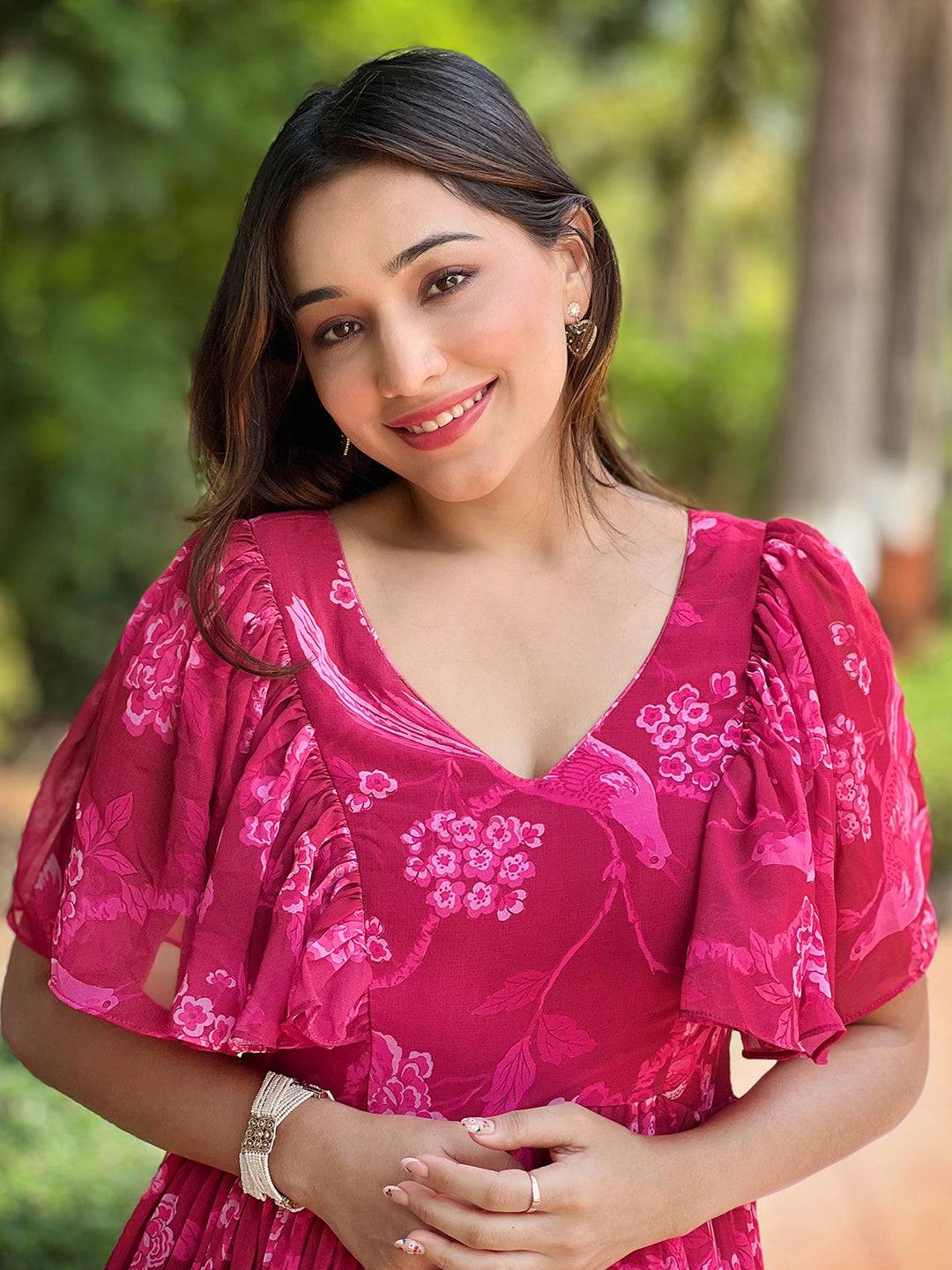 Pink Peony V-neck Flary Dress by My Store