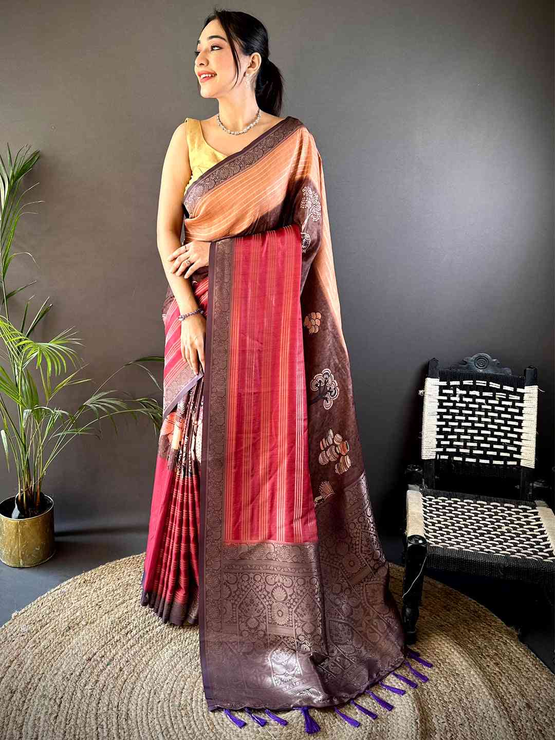 Brown Soft Crep Silk Ombre Print Saree by My Store