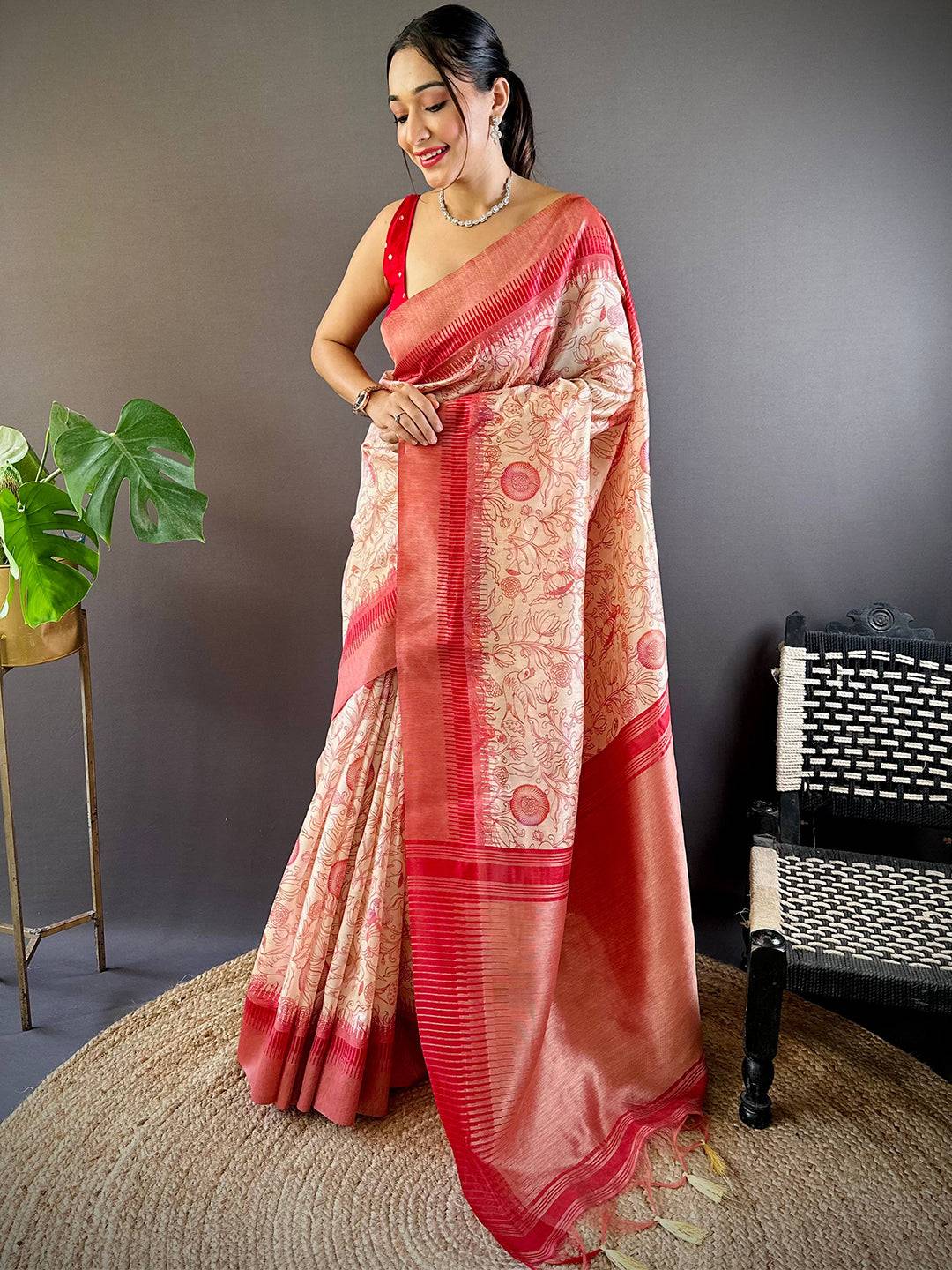 Pink Floral Tussar Silk Saree by My Store