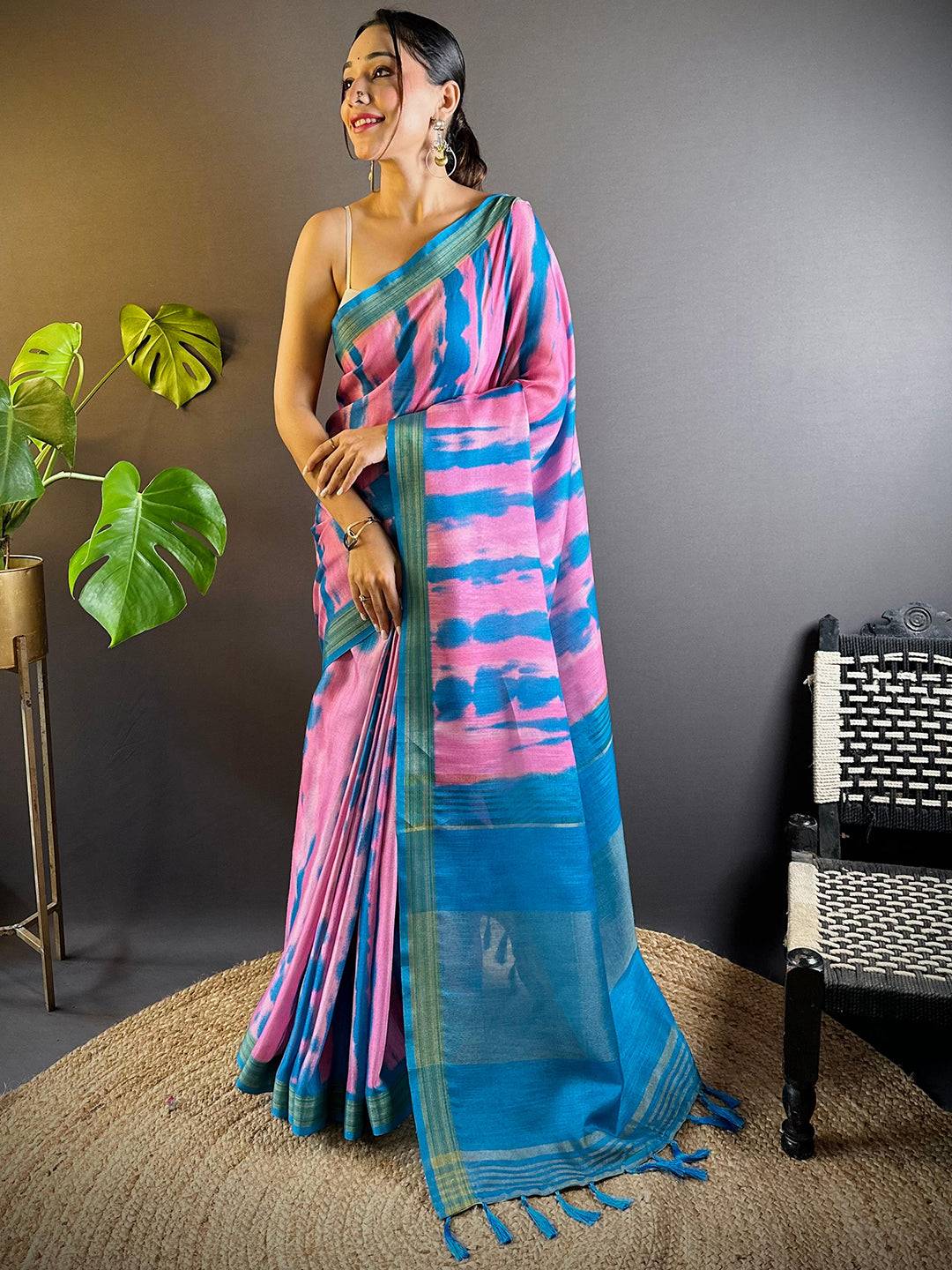 Pink Shibori Print Linen Saree by My Store