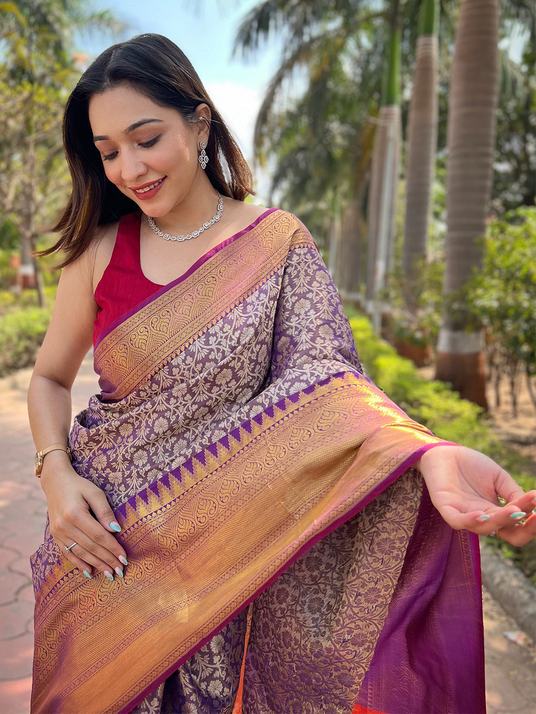 Wine Colour One Gram Gold Tissue Saree With Jacquard Woven Work