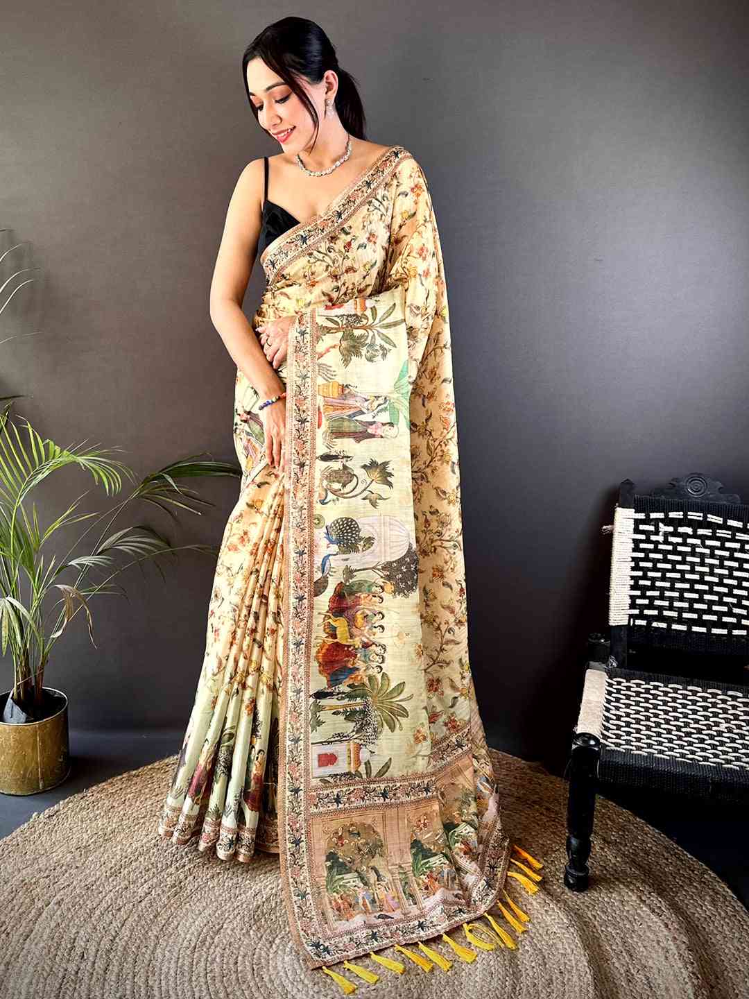 Beige Tussar Pashmina Kalamkari Saree