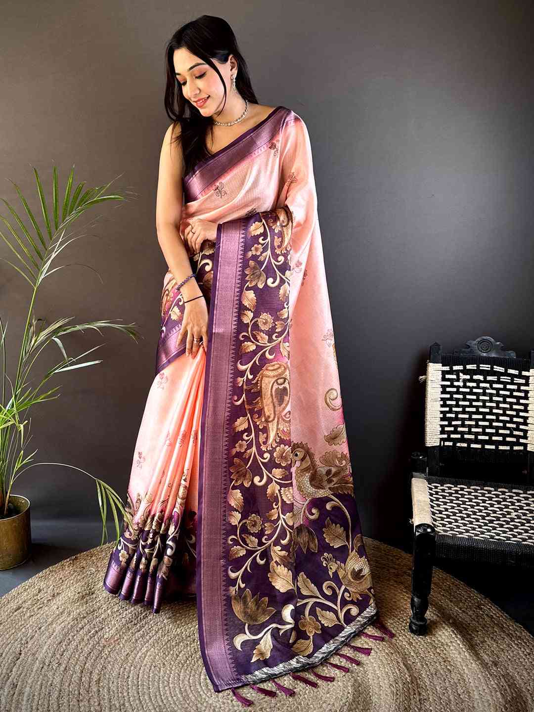 Pastel Pink Kota Doriya Zari Weave Digital Print Saree by My Store