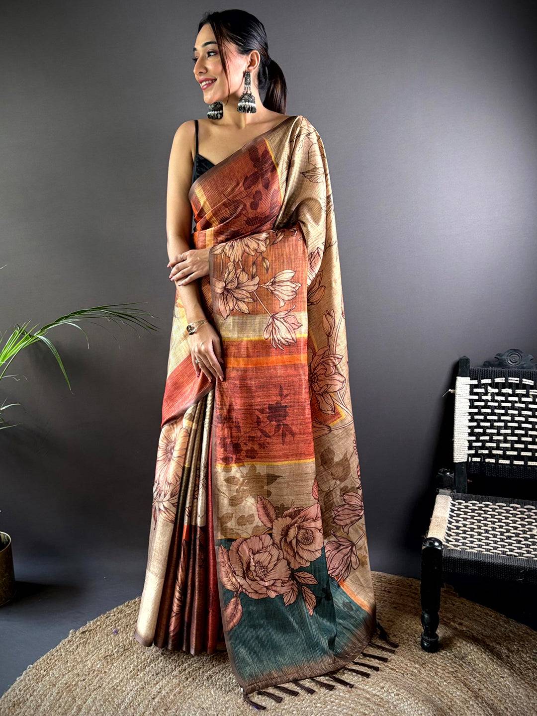 Coffee Brown Semi Gold Zari Tussar Saree by My Store