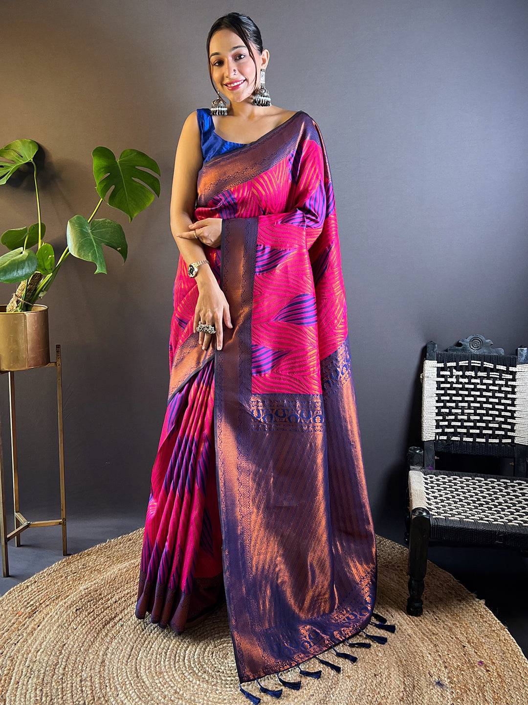 Rani Tussar Silk Zari Weaving Ikkat Saree by My Store