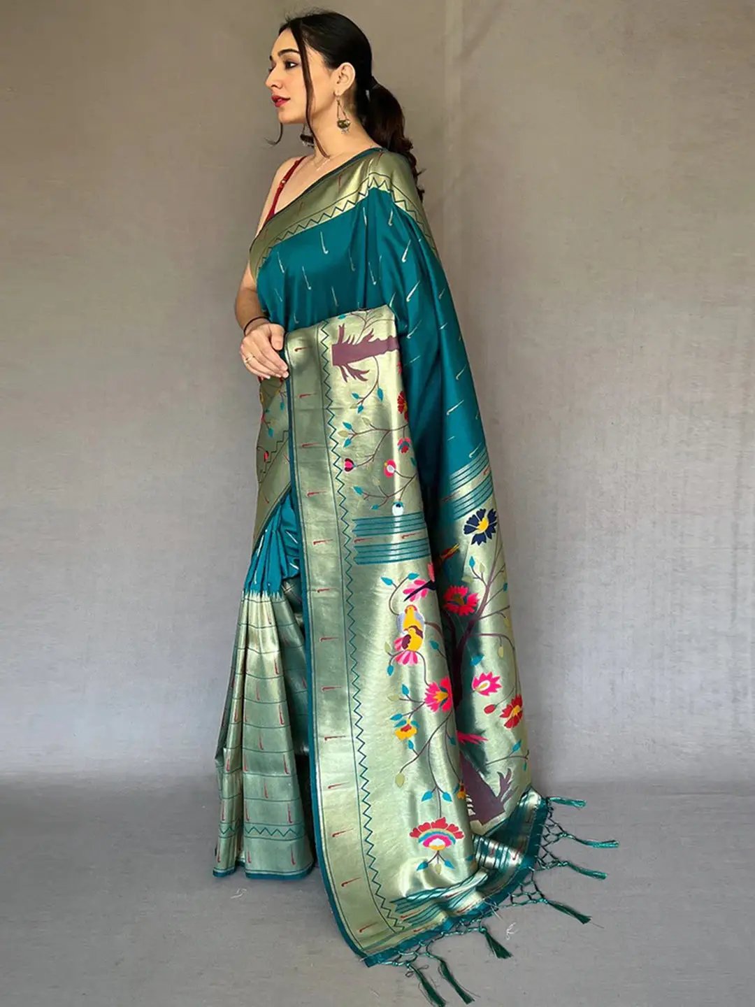Teal Colour Paithani Big Border Zari Woven Saree by My Store