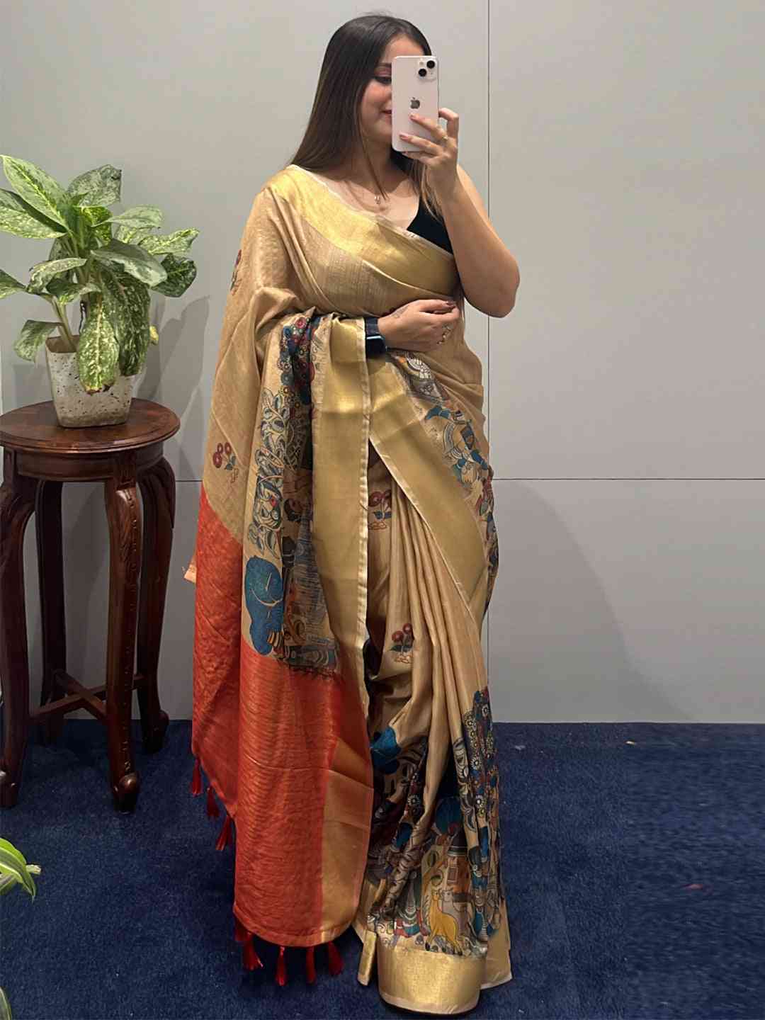 Incredible Pen Kalamkari Linen Tissue Soft Saree by My Store