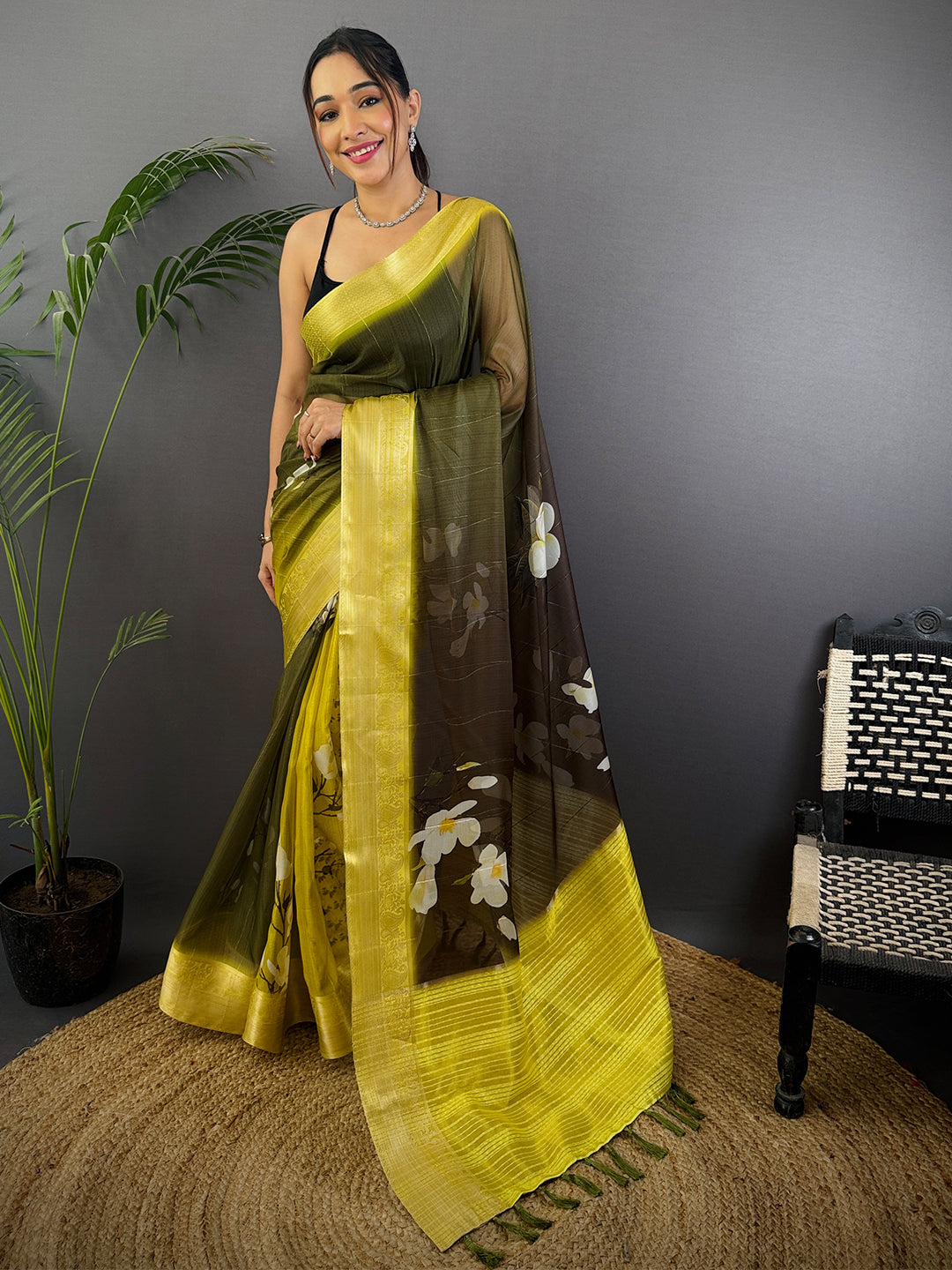 Olive Green Soft Organza Digital Print Saree by My Store