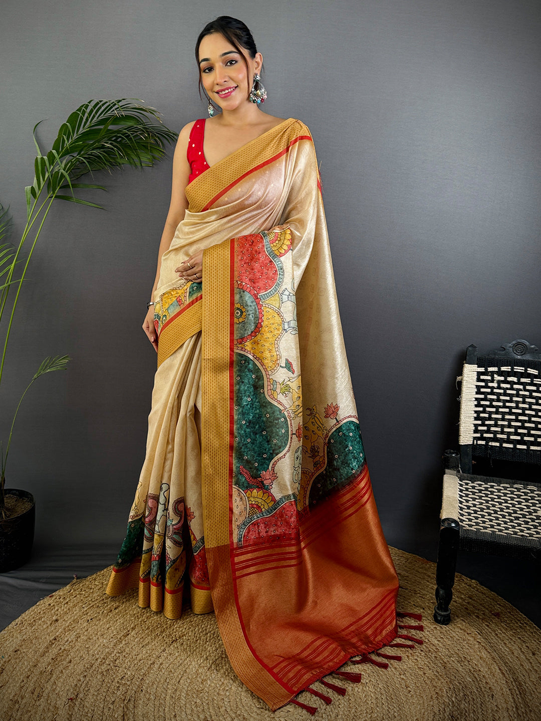 Cream Tussar Silk Kalamkari Print Saree by My Store