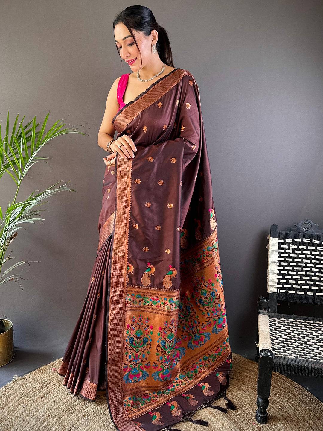 Copper Allure Soft Silk Brown Saree by My Store