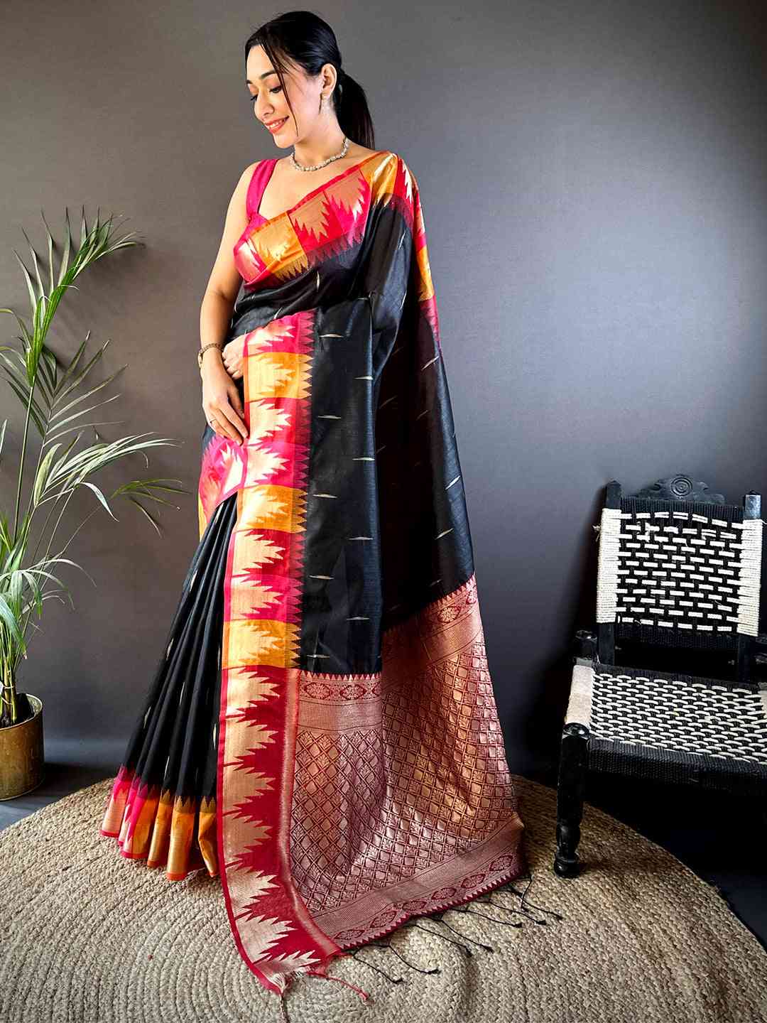 Black Banarasi Raw Silk Ikkat Saree