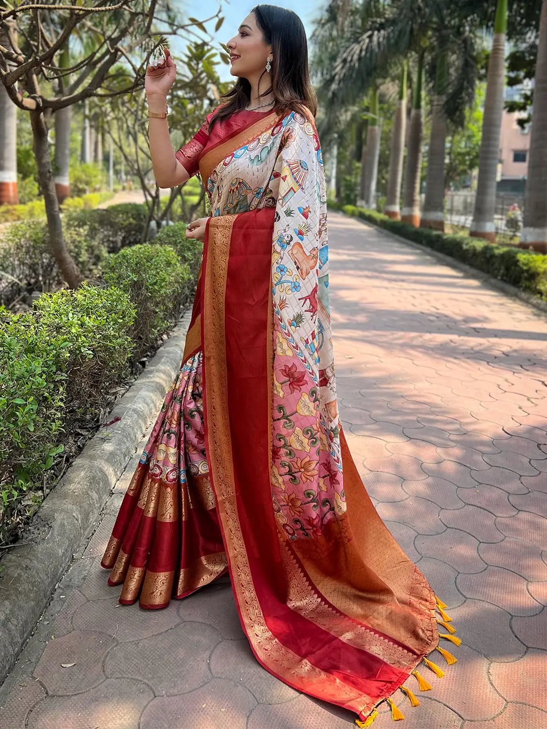 Beige Colour Double Border Chex Weaving Banarasi Soft Silk Saree