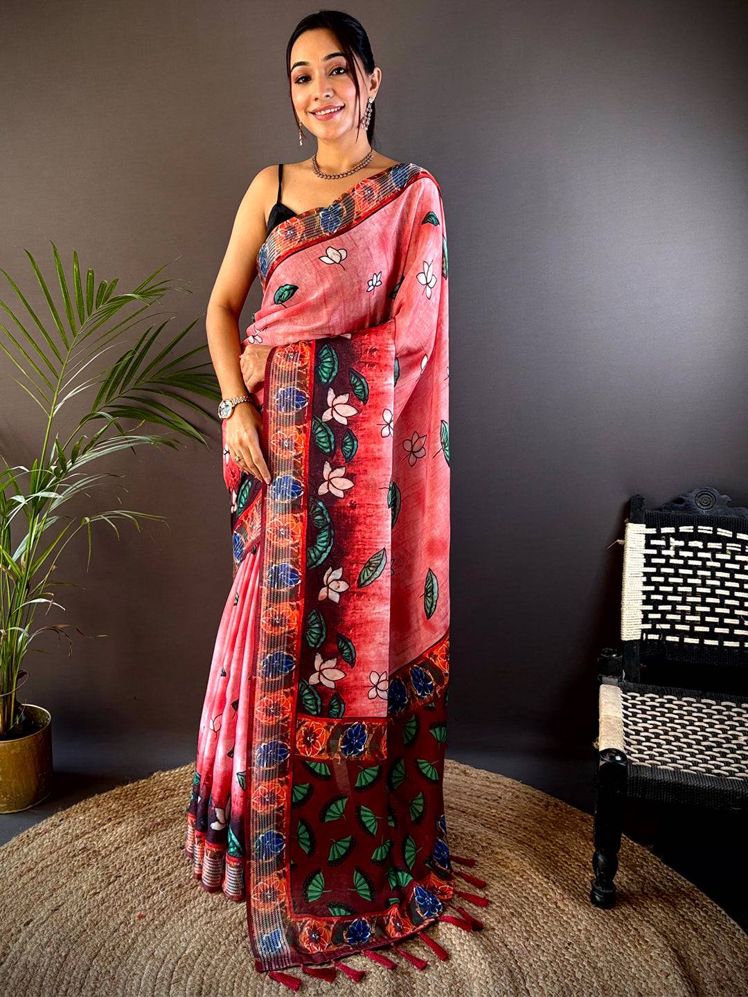 Pink Georgette Pichwai Print Saree by My Store