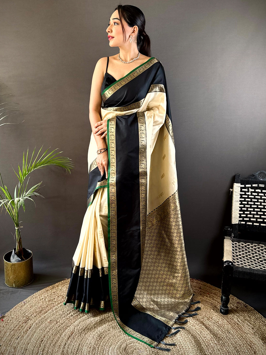 Cream Gadhwal Pure Soft Silk Saree by My Store