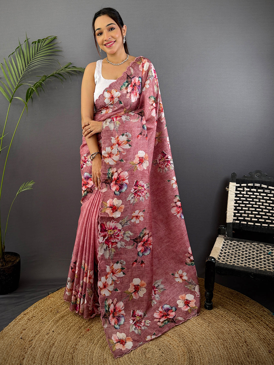 Blush Pink Kota Floral Digital Cut Work Saree by My Store