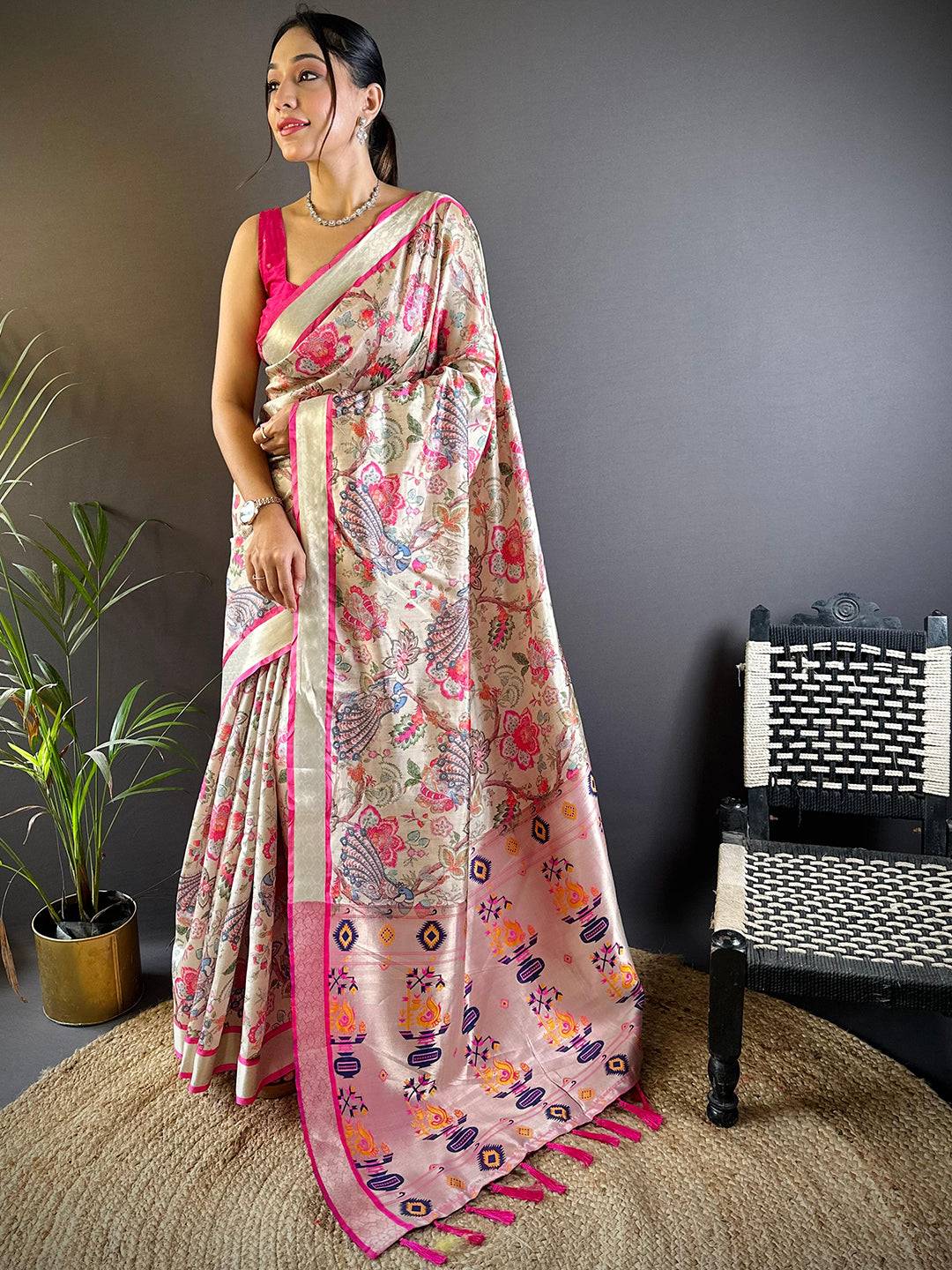 Serene Beige Phulkari Silk Saree by My Store