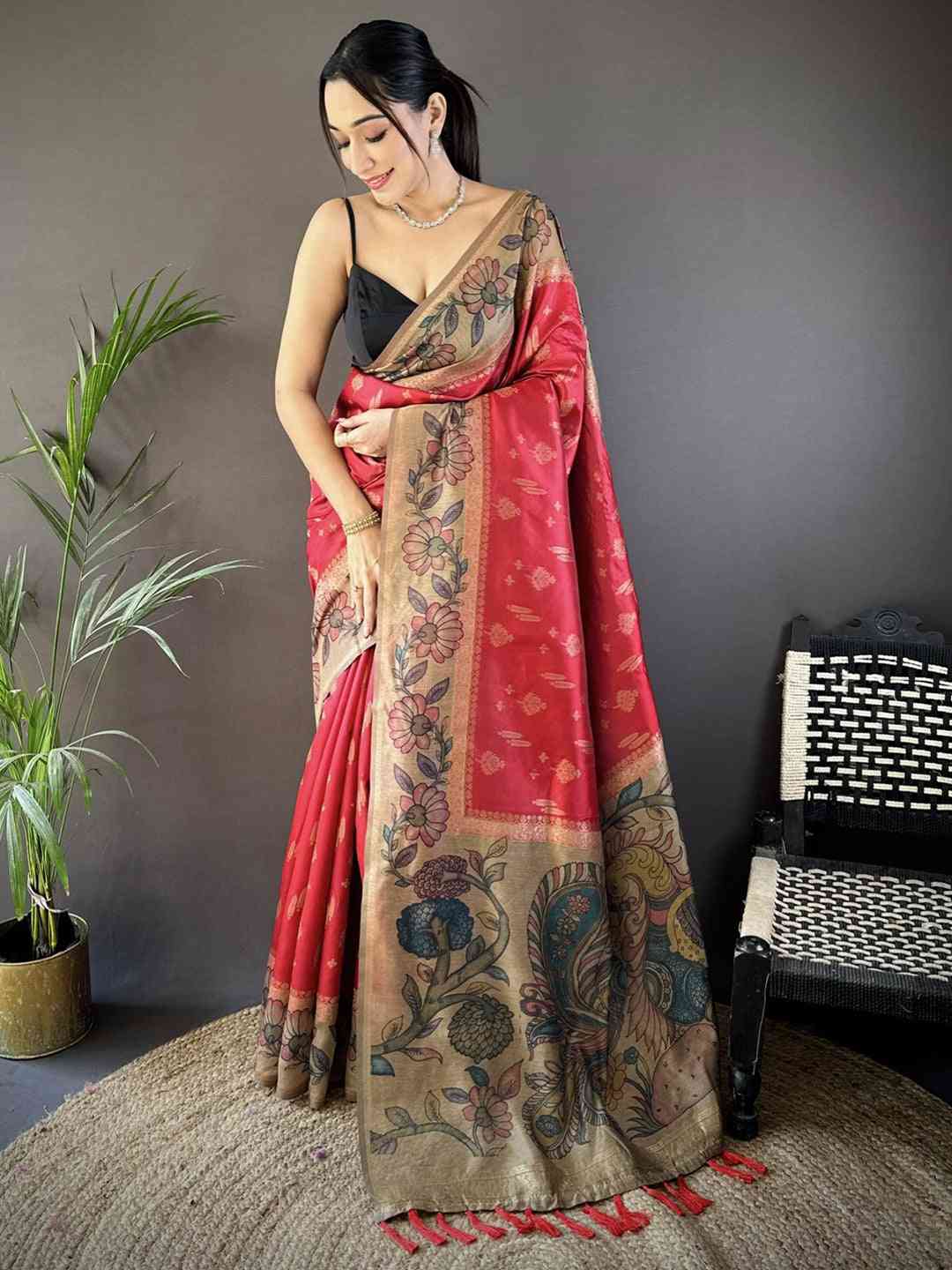 Red Soft Silk Kalamkari Printed Pallu Saree by My Store