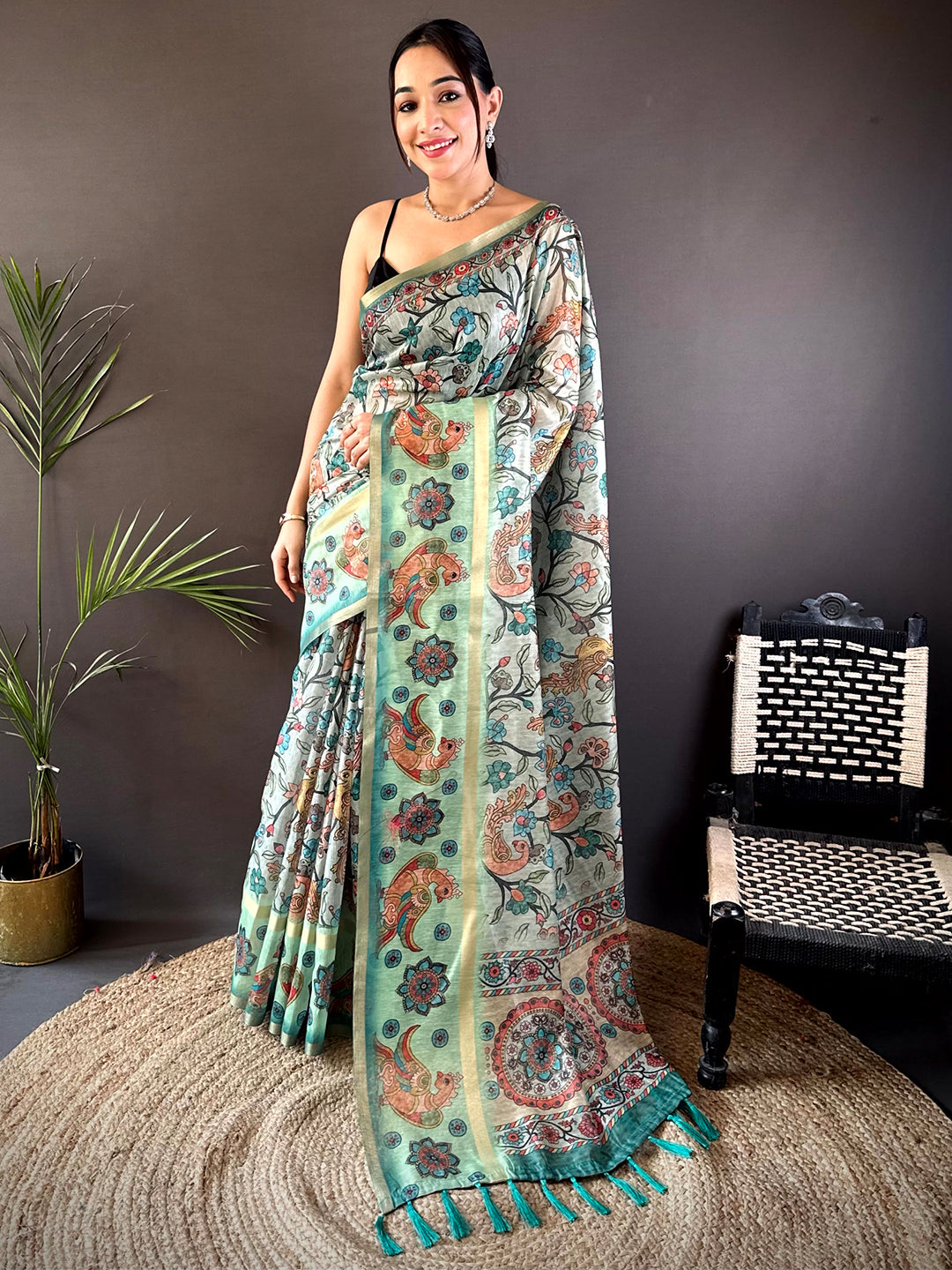 Pista Floral Kalamkari Chanderi Cotton Saree by My Store