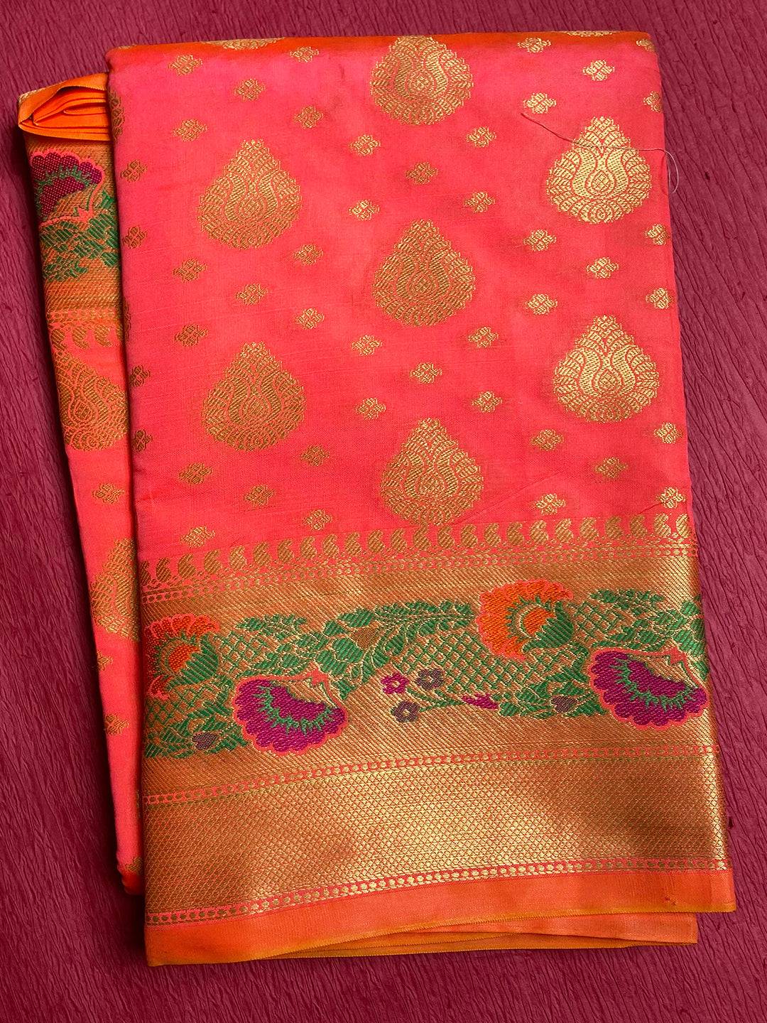 Radiant Peach Golden Motifs Saree by My Store