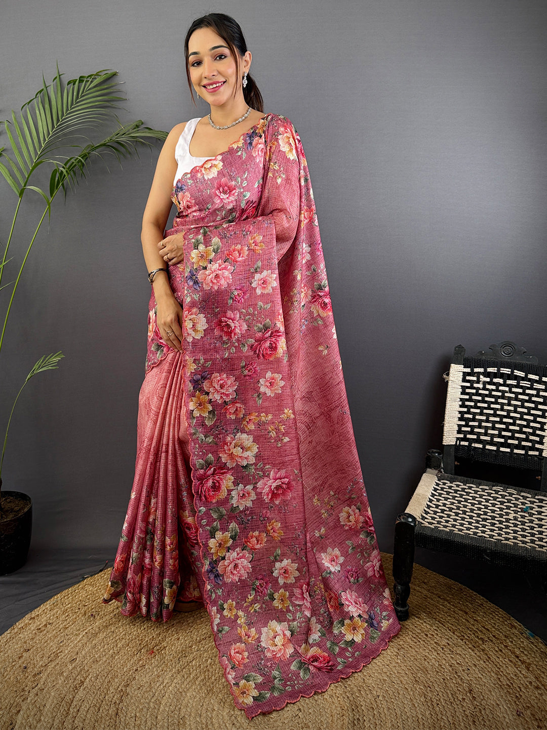 Rose Pink Kota Floral Digital Cut Work Saree by My Store