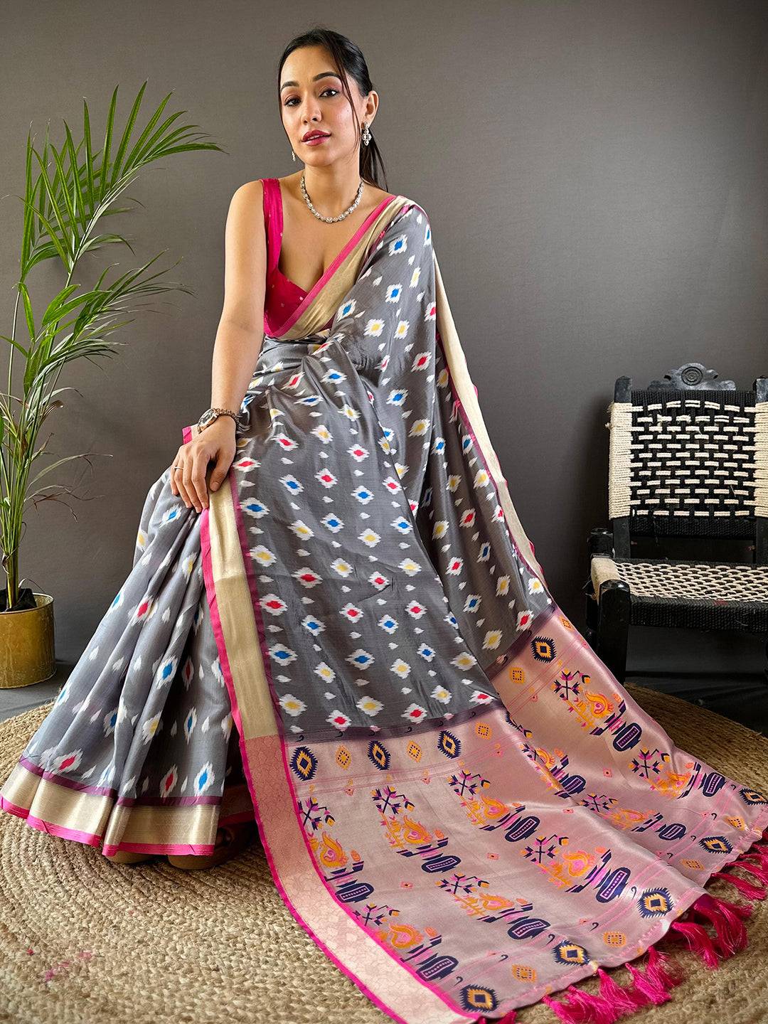 Grey Ikkat Paithani Soft Silk Saree by My Store