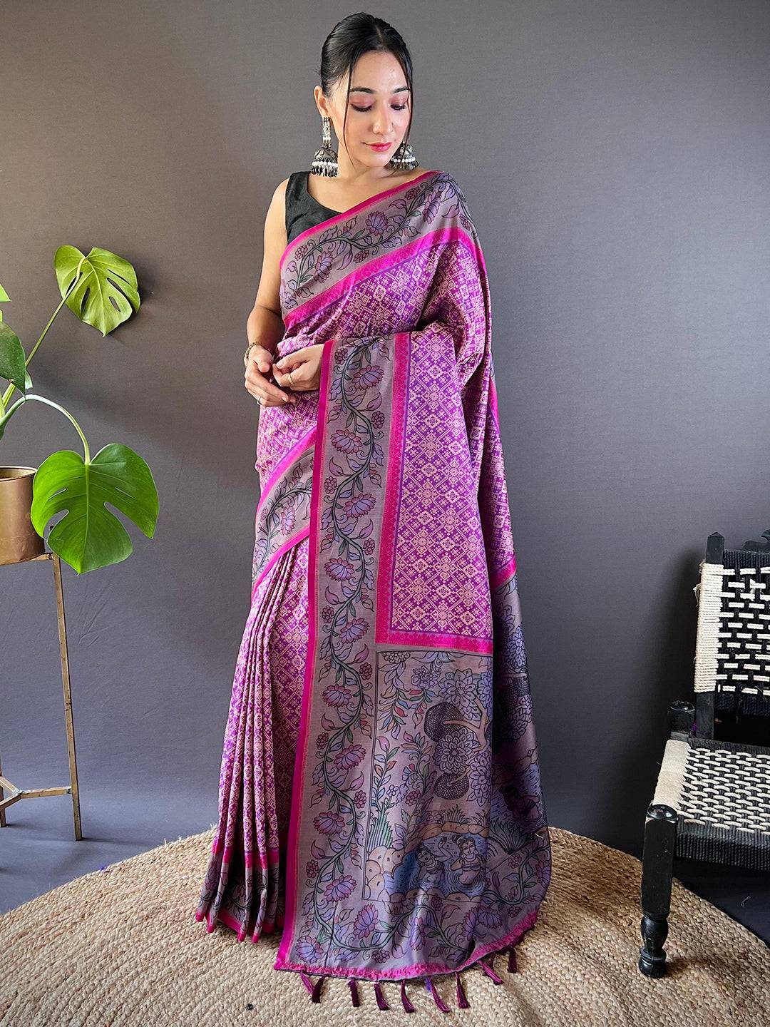 Deep Pink Patola And Kalamkari Fusion Saree by My Store