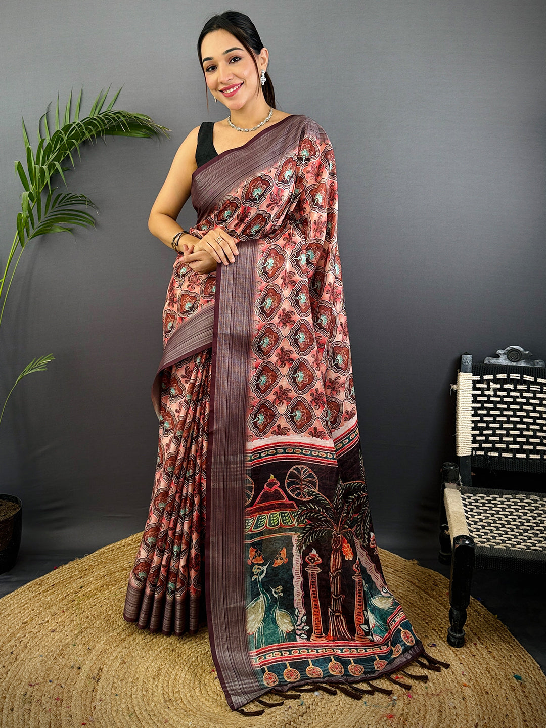 Peach Linen Block Kalamkari Print Saree by My Store