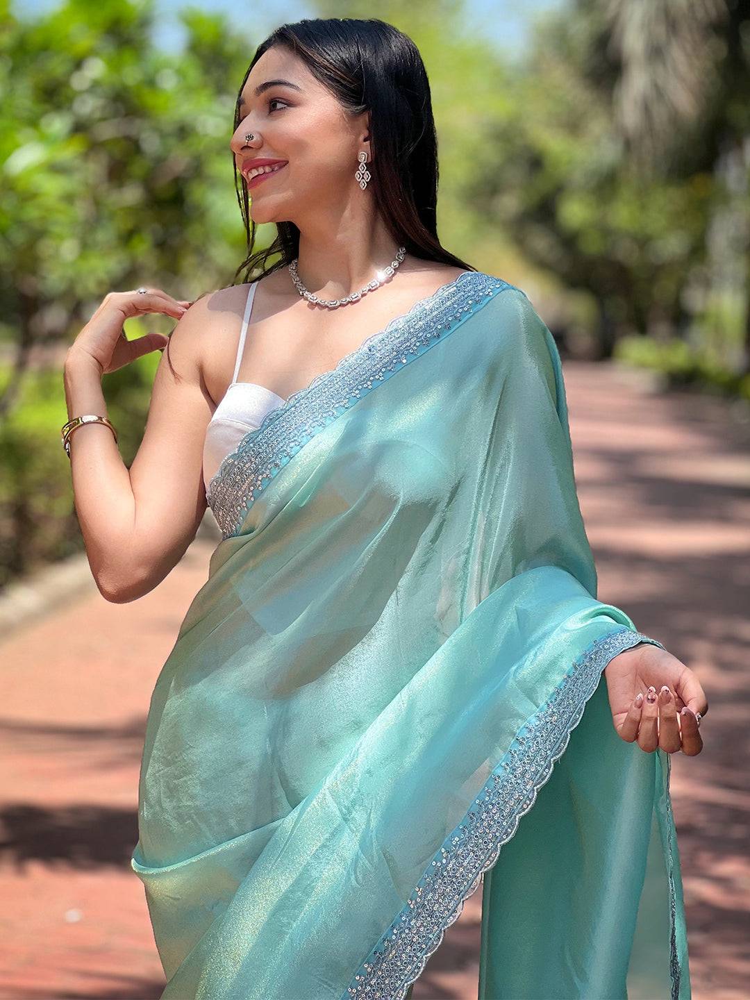 Turquoise Pure Viscose Dyed Saree