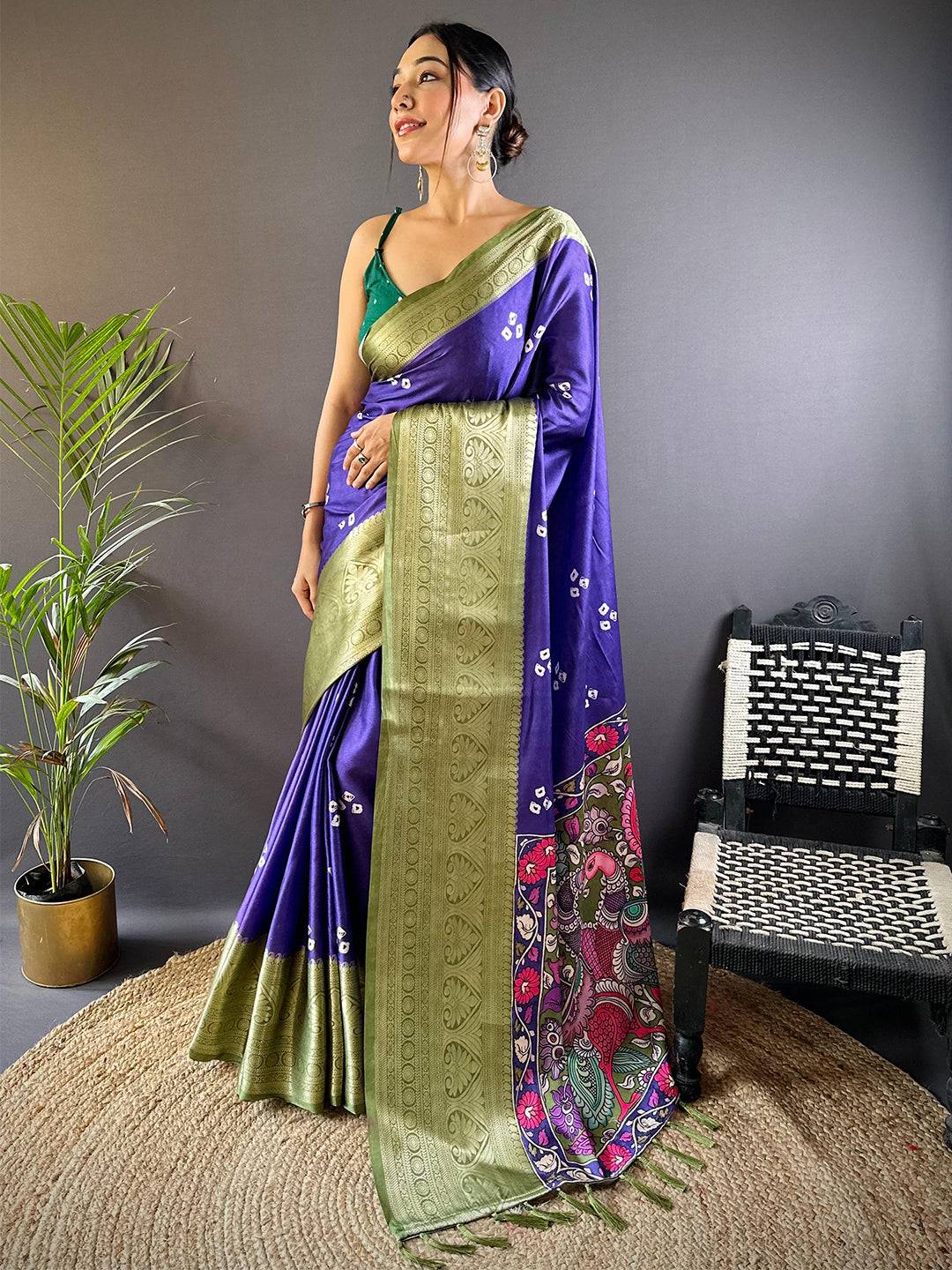 Kalamkari Bandhani Soft Silk Saree by My Store