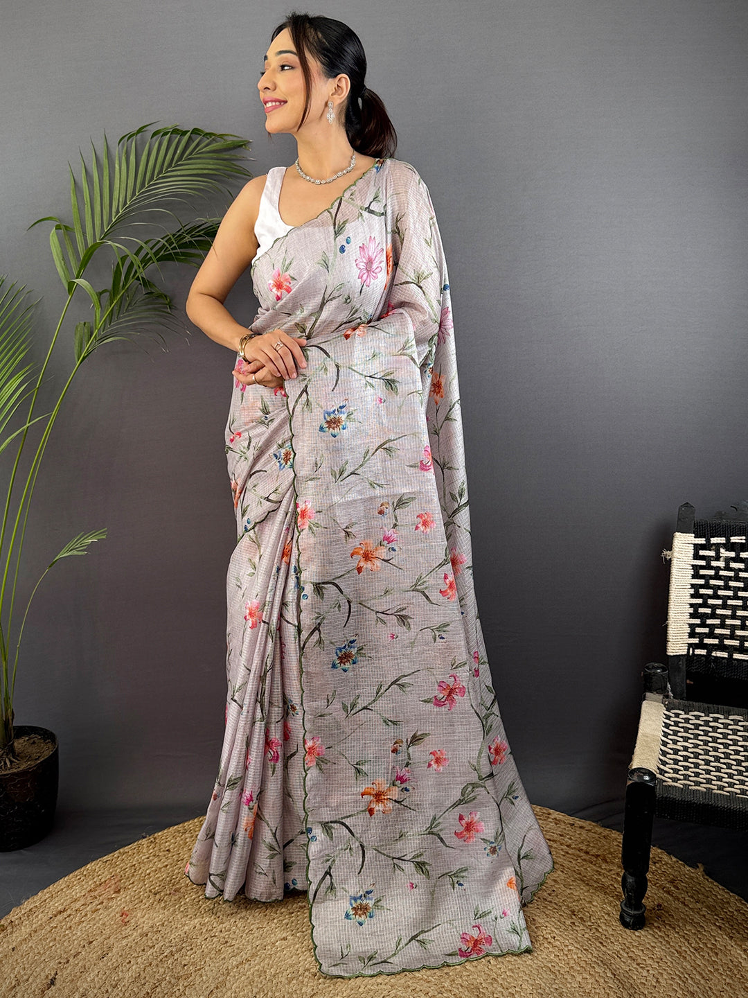 Light Grey Soft Kota Floral Print Saree by My Store