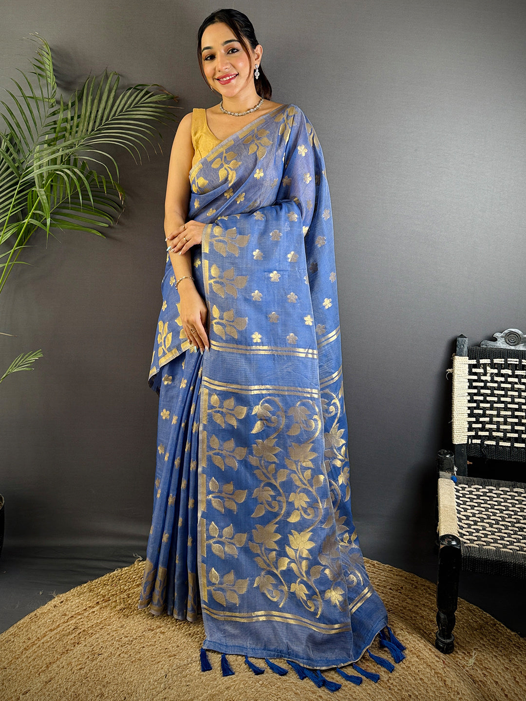 Radiance Blue Dhakai Cotton Silk Saree by My Store