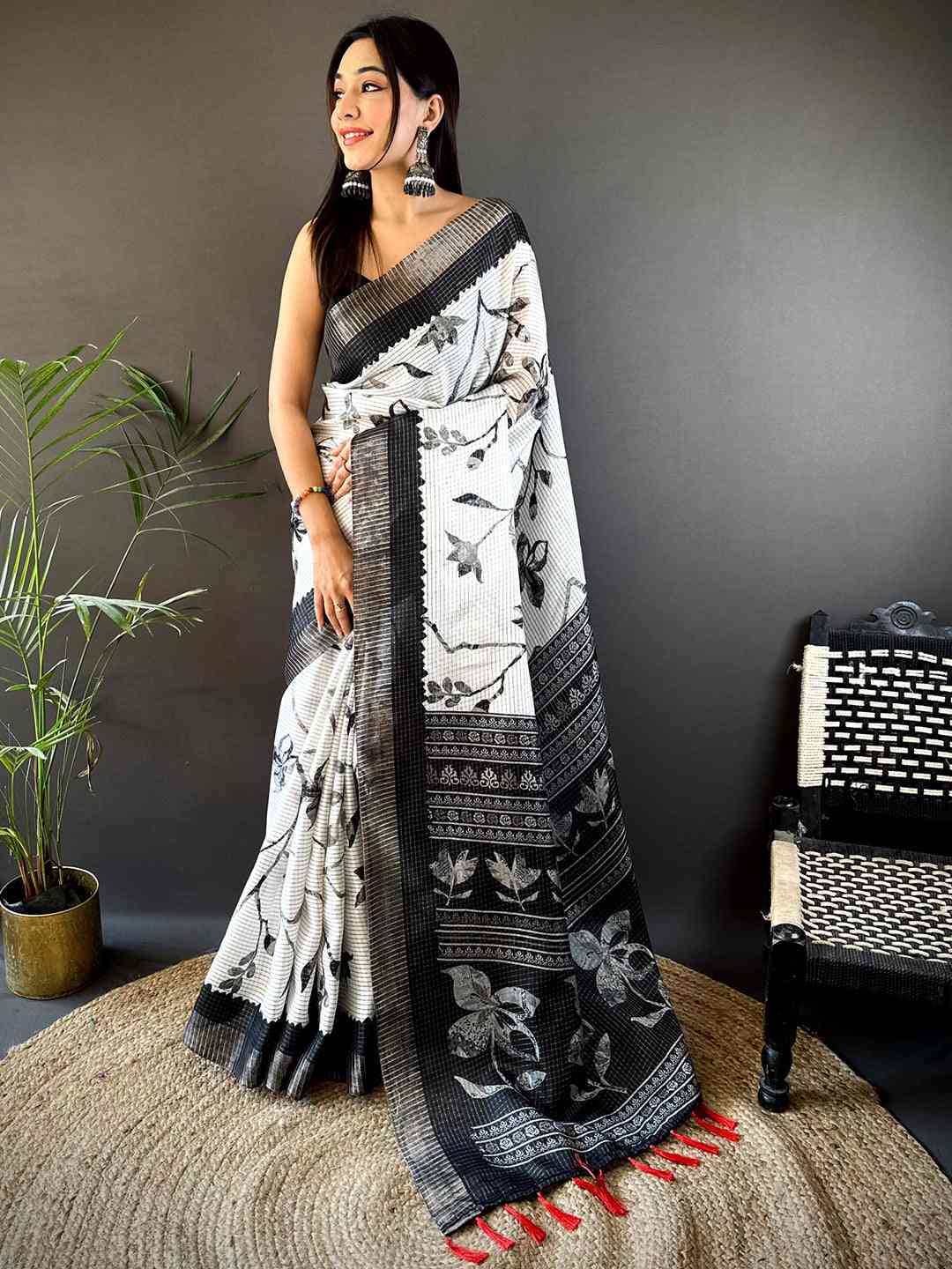 Kalamkari Black Check Tissue Chanderi Saree by My Store