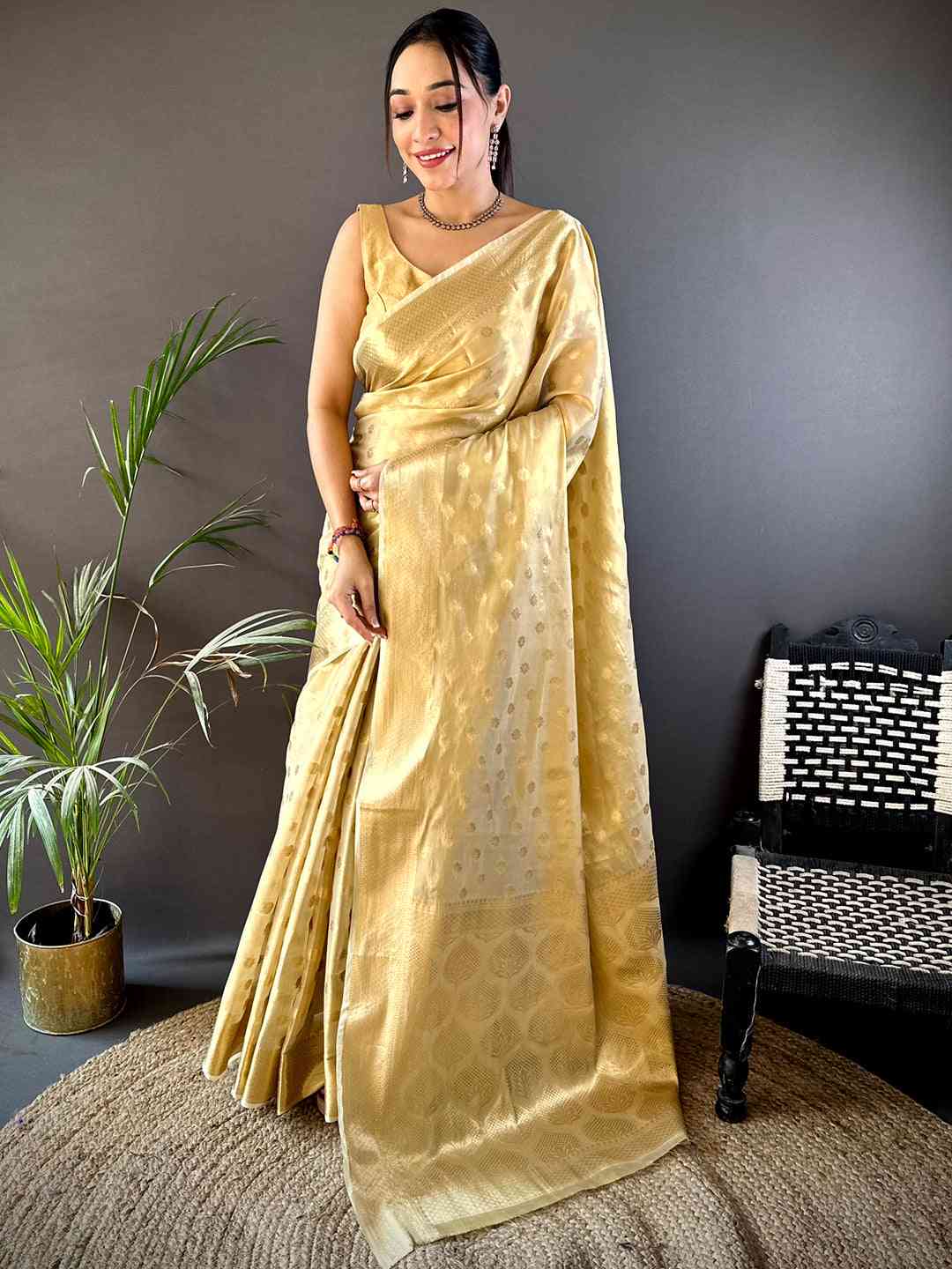 Elegant Gold Zari Glass Tissue Saree by My Store