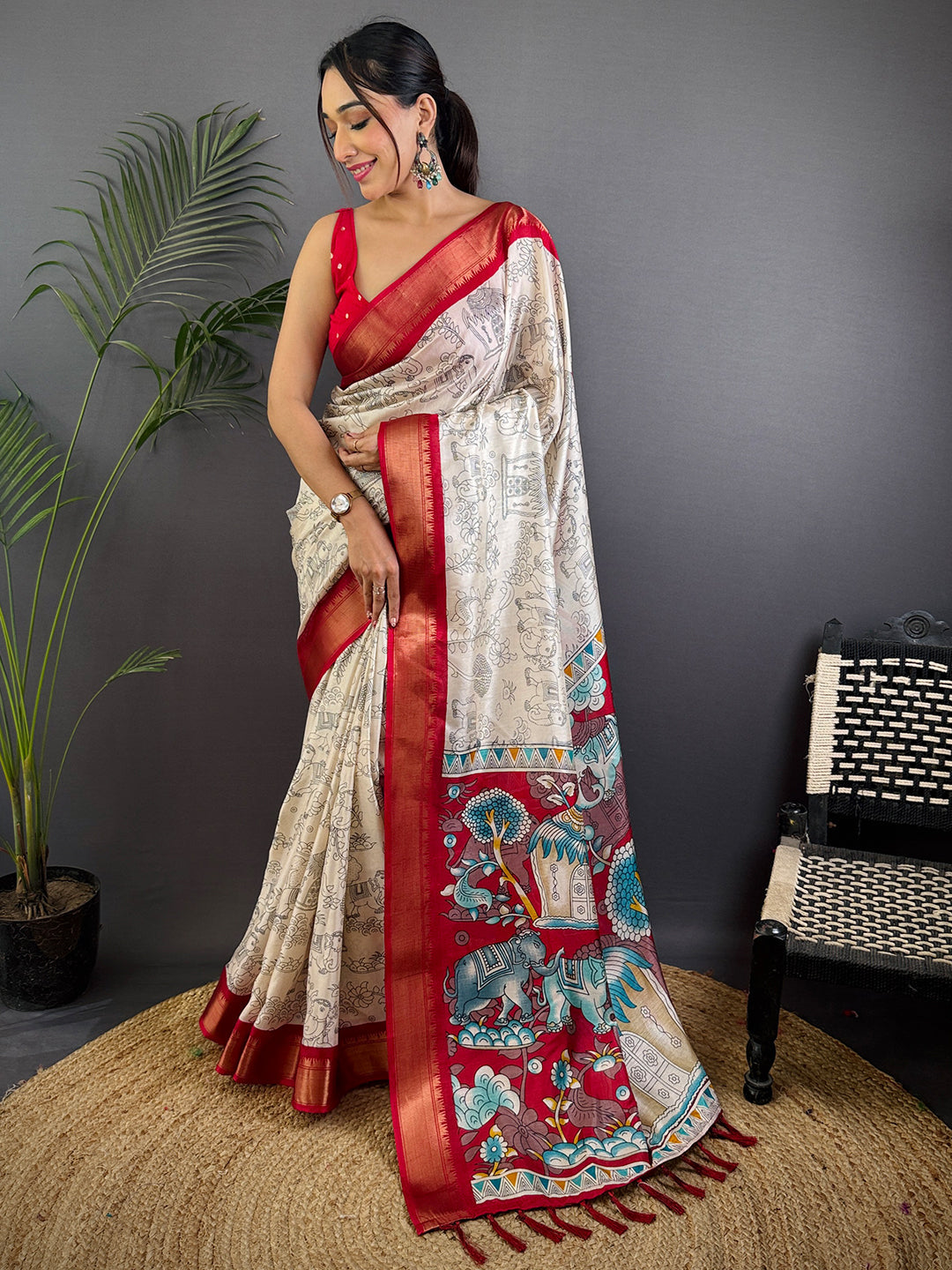 Red Dola Silk Pen Kalamkari Print Saree by My Store