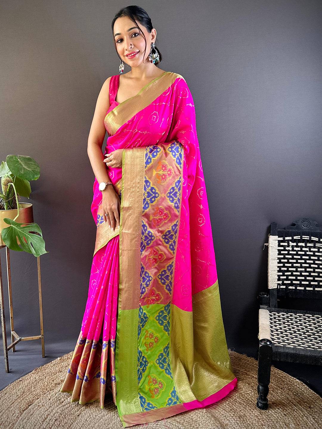 Pink Katan Silk Ikkat Saree by My Store