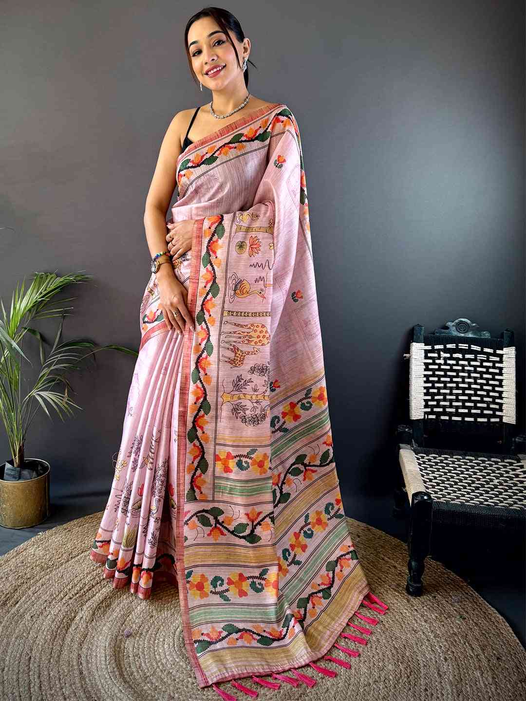 Blush Pink Jungle Floral Zari Tissue Saree by My Store