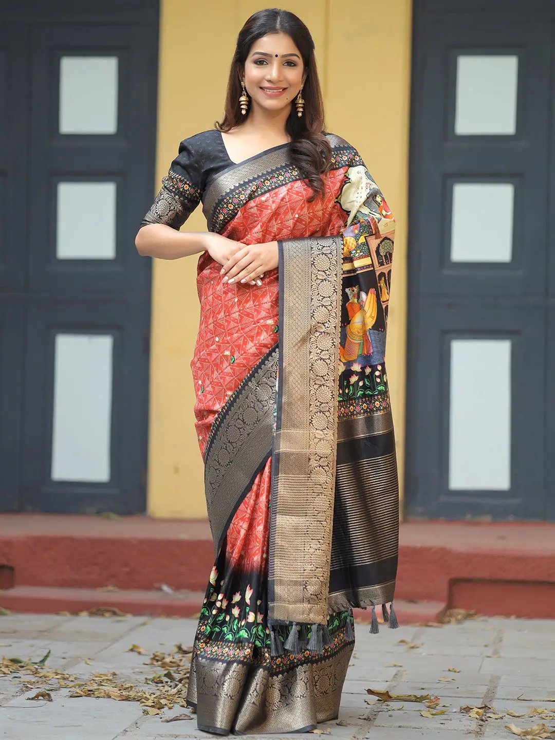 Red Colour Pure Viscose Dola Silk Saree with Pichwai Kalamkari Print - Luxe by My Store