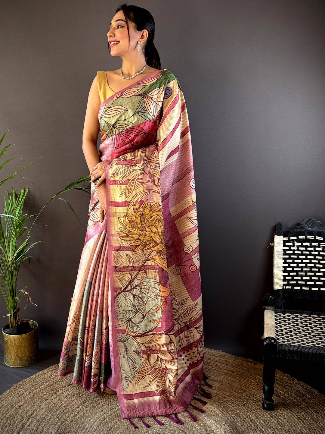 Burgundy Tussar Silk Floral Prints Saree by My Store