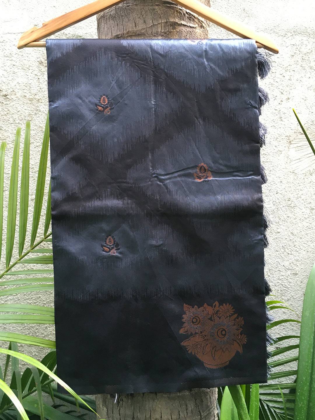 Black Tussar Silk Ikkat Weaving Saree