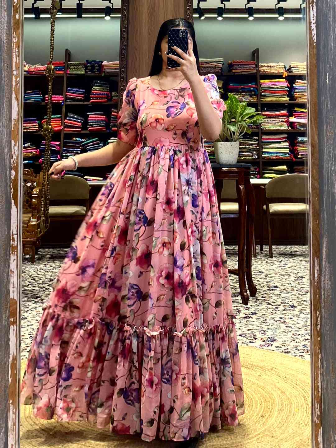 Salmon Pink Floral Georgette Dress by My Store