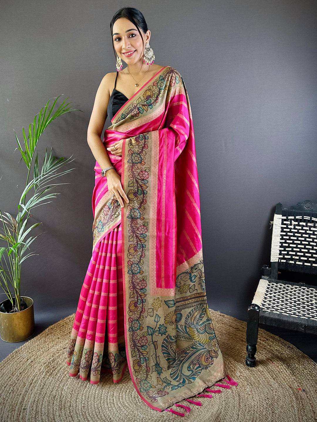Pink Geometric Zari And Kalamkari Silk Saree by My Store