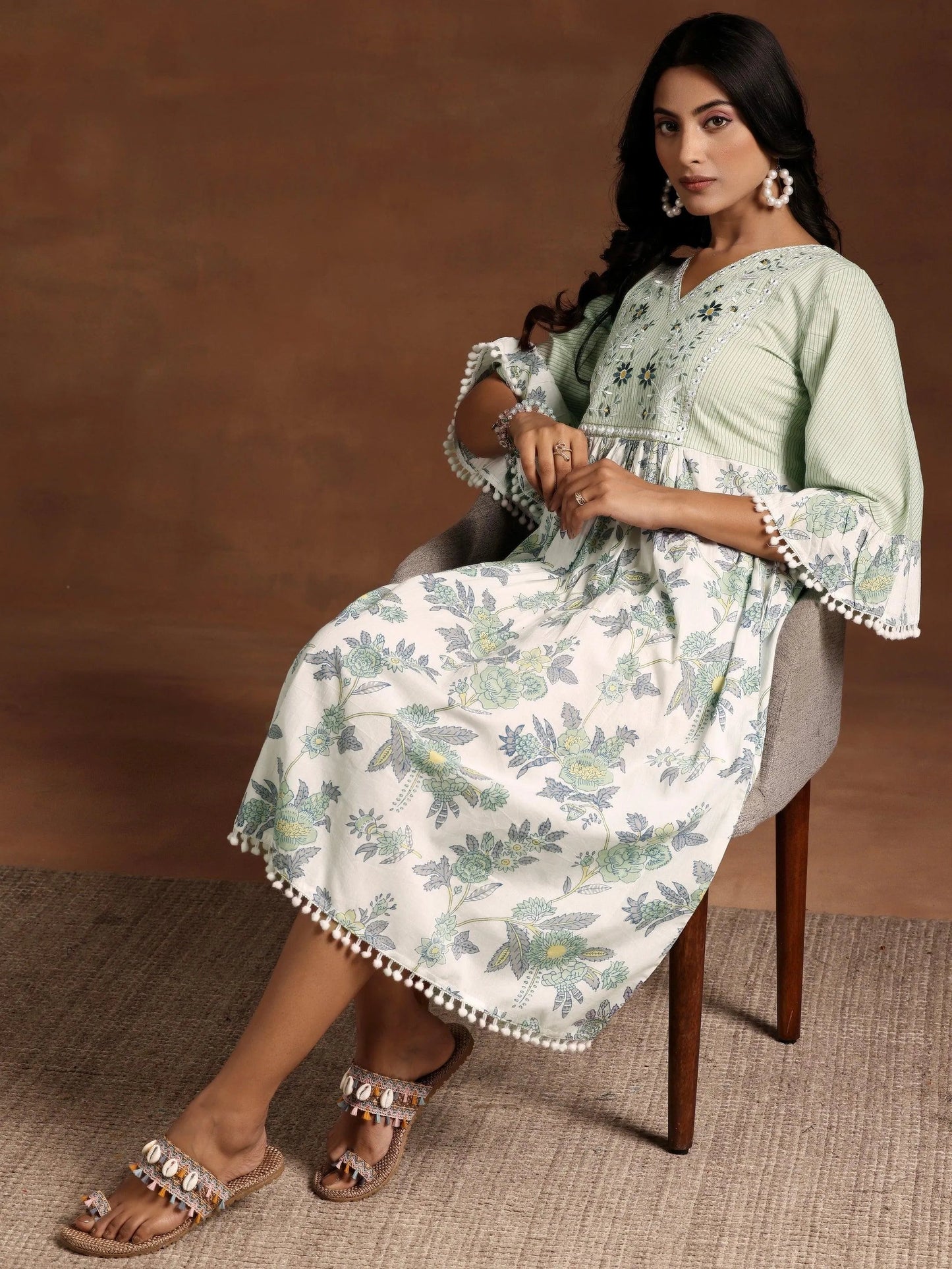 Green Printed Cotton A-Line Dress by My Store