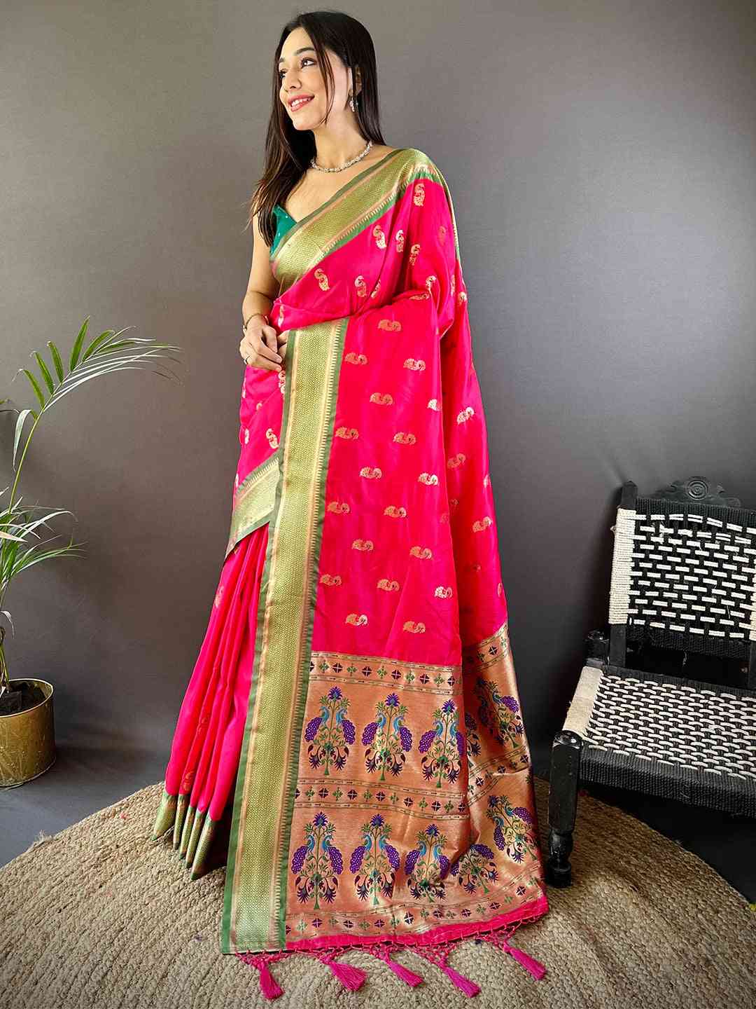 Exquisite Yevla Paithani Minakari Work Silk Saree in Pink Colour by My Store