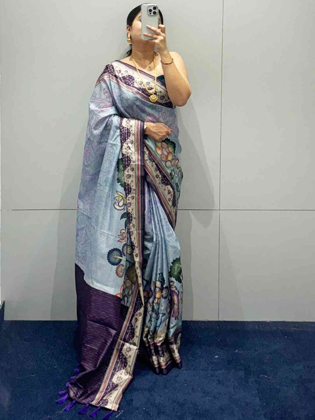 Lavender Colour Satin Kota Doria Digital Kalamkari Zari Pallu by My Store