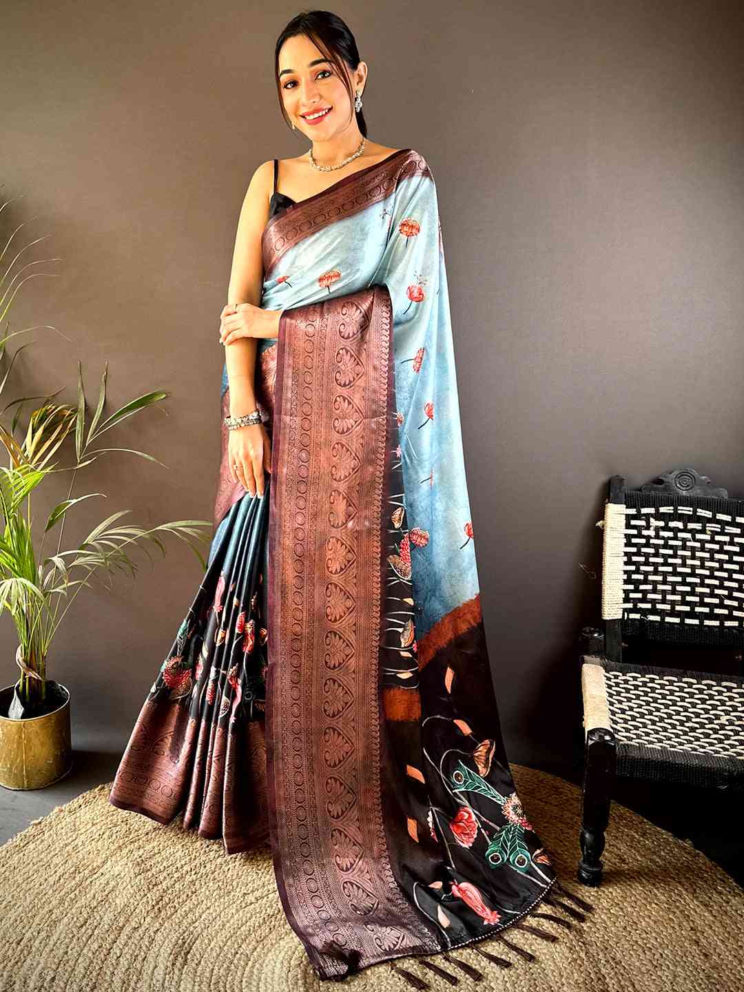 Light Blue Soft Silk Floral Ombre Print Saree by My Store