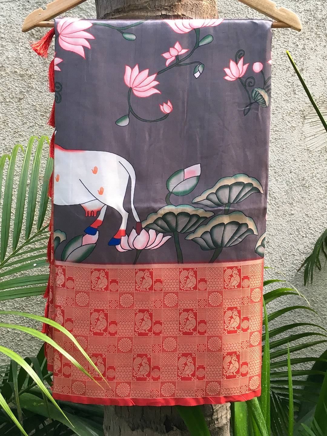 Silk Pichwai Digital Print Grey Saree by My Store