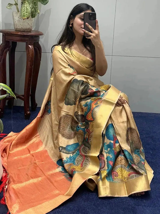 Incredible Pen Kalamkari Linen Tissue Soft Saree by My Store