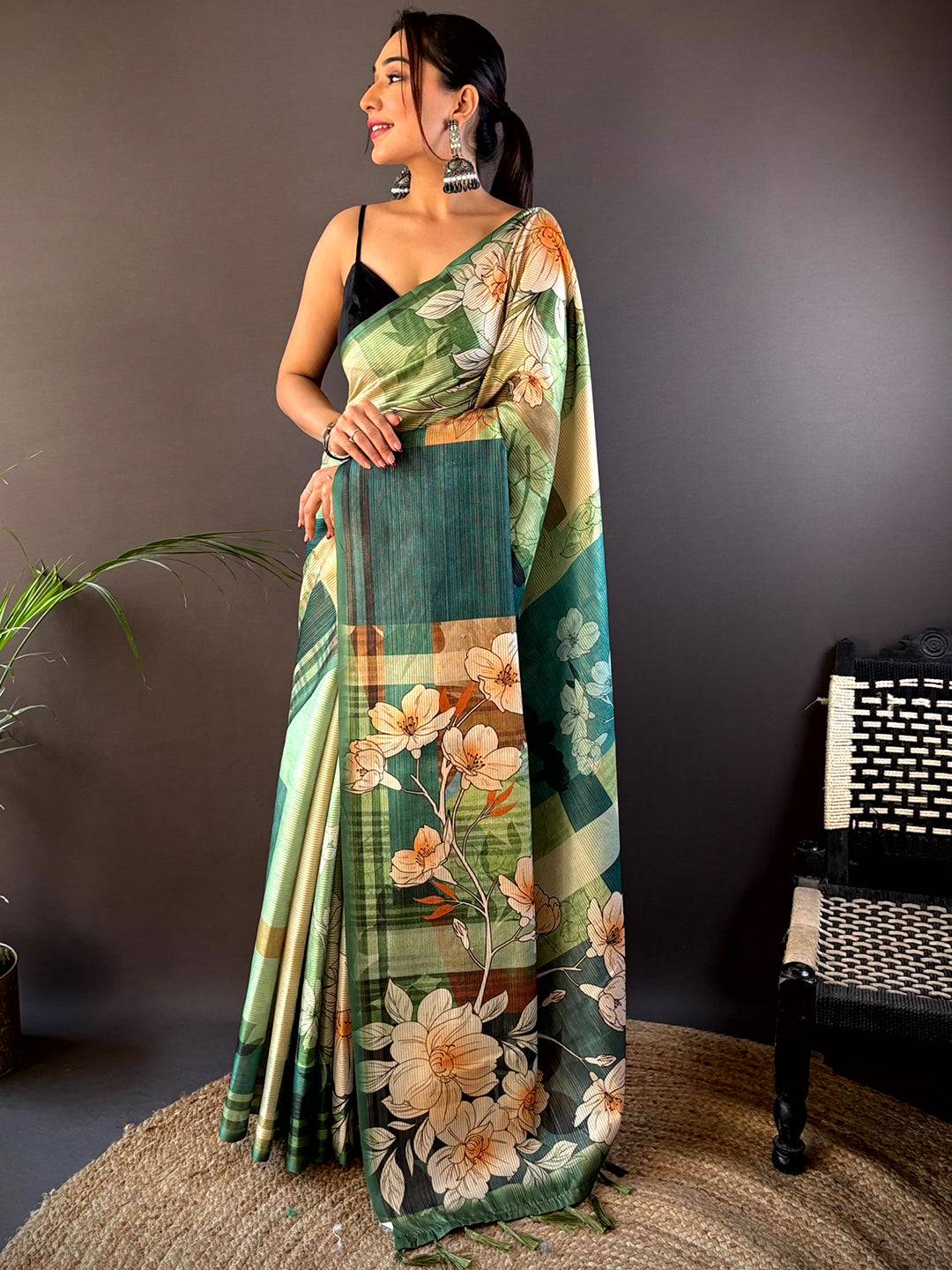 Pista Semi-Gold Zari Abstract Tussar Saree by My Store